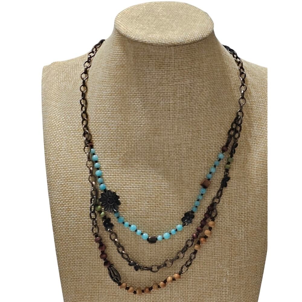 Lucky Brand Multi Strand Layered Necklace Bronze Turquoise Wood Peace Sign